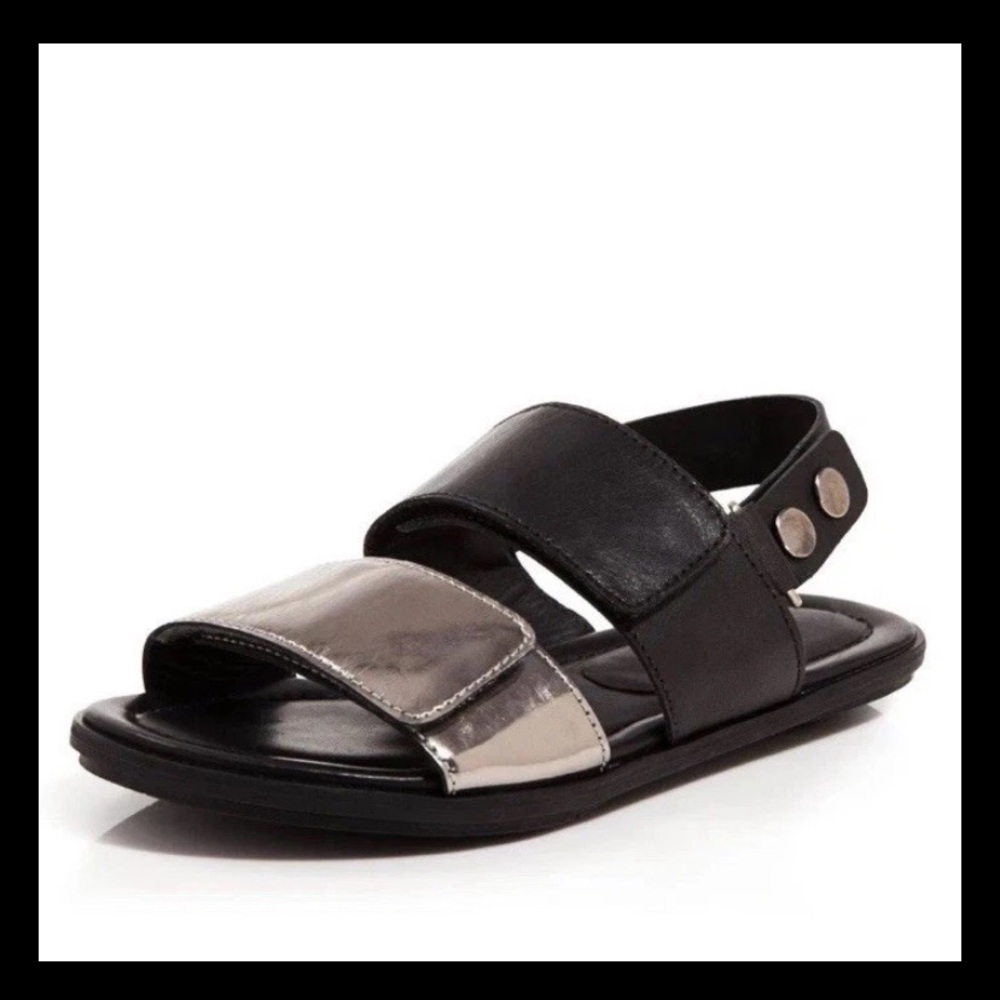 A7EIJE Womens Black Metallic Flora Round Toe Buckle Leather Slingback Sandal 6